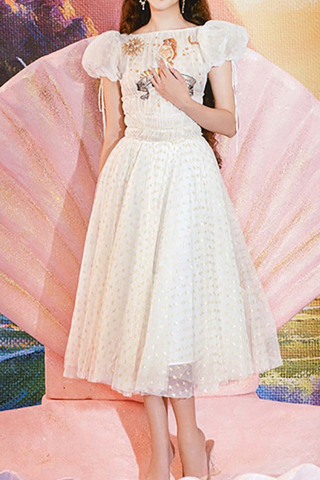 PUFF SLEEVE HIGH WAIST EMBROIDERY MIDI DRESS IN WHITE DRESS sis label 