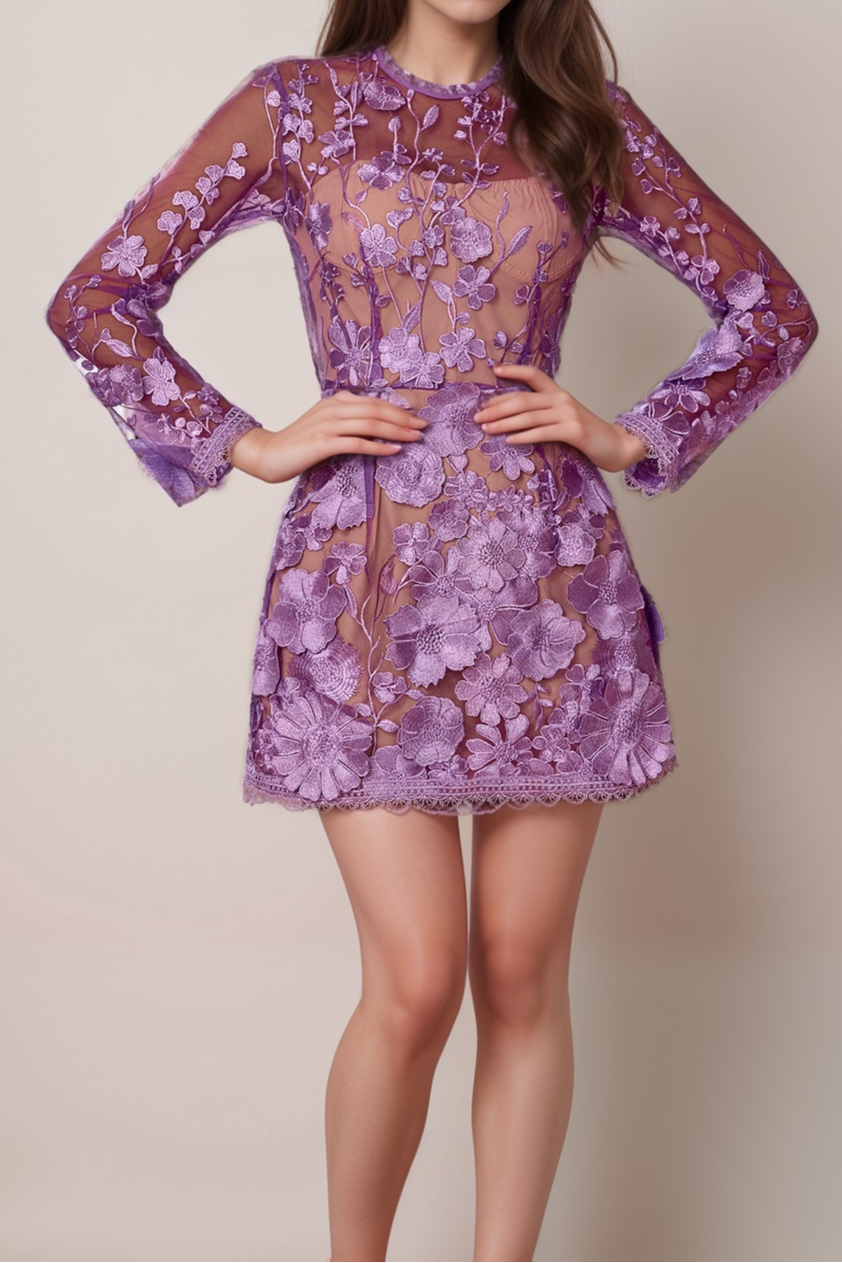 Lilac floral lace Long Sleeve Mini Dress