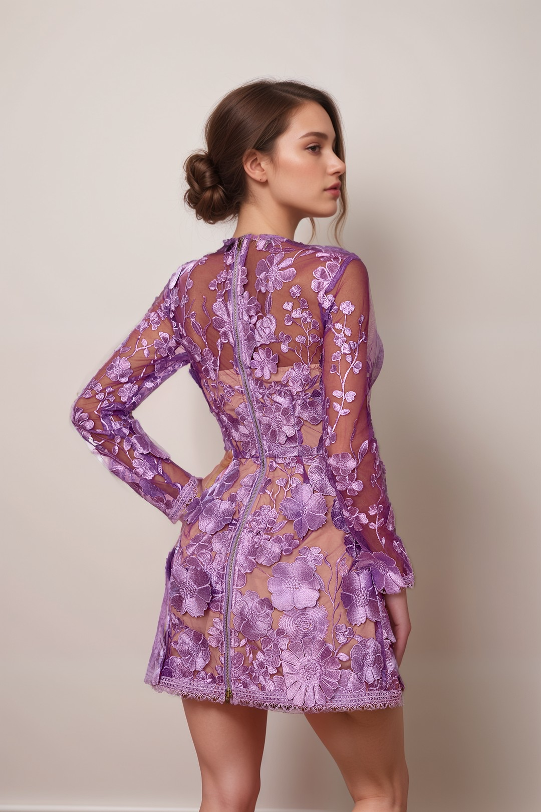Lilac floral lace Long Sleeve Mini Dress