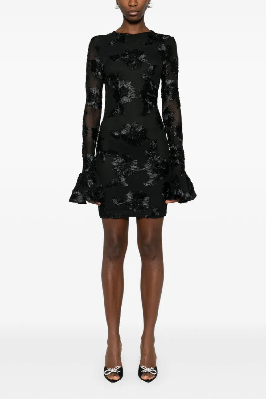 Floral-Embroidered Mesh Mini Dress In Black