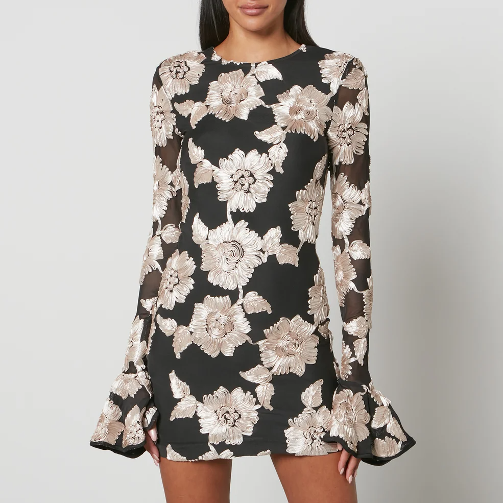 Floral-Embroidered Mesh Mini Dress