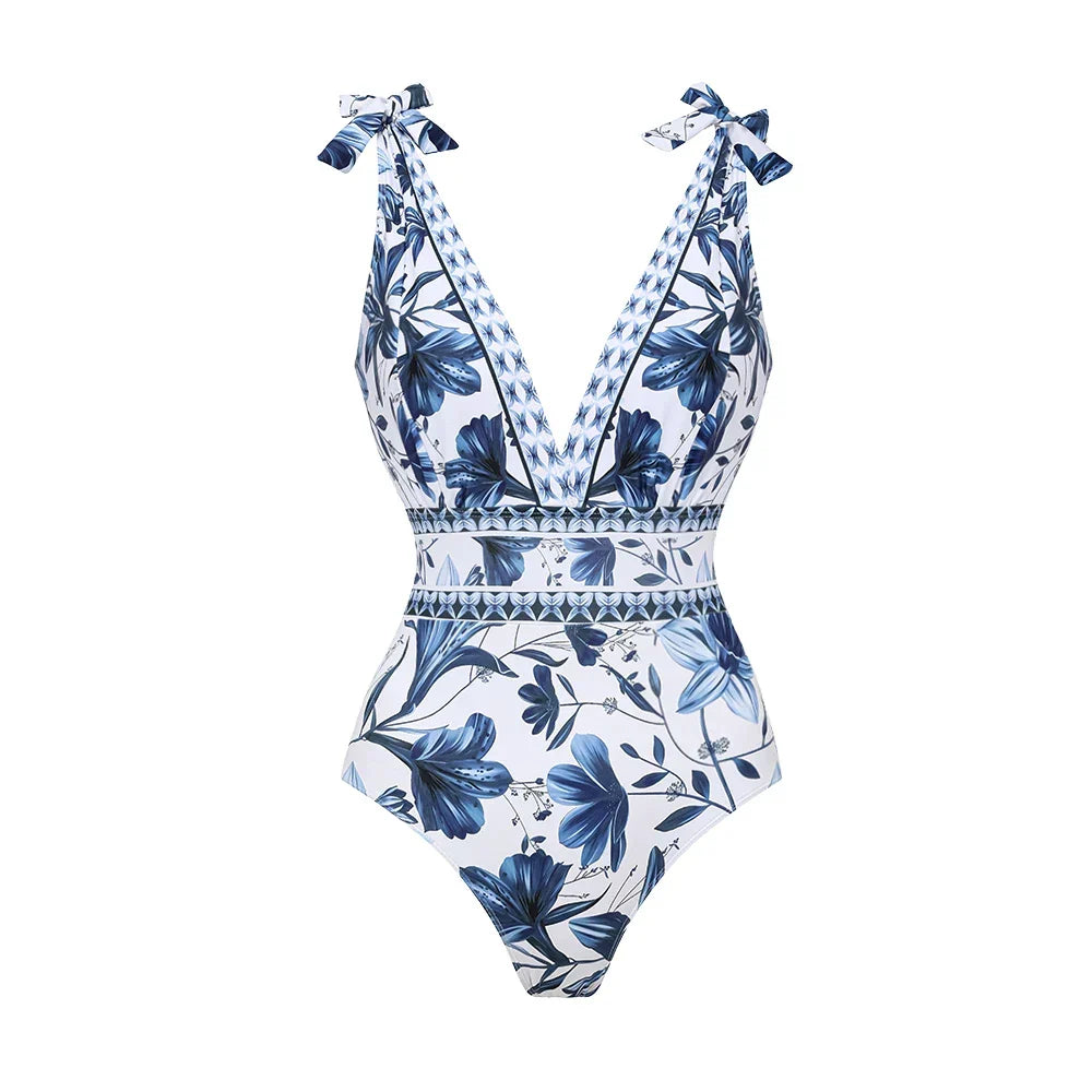 V-Neck Lace Patterned Printed One-Piece Swimsuit and Skirt