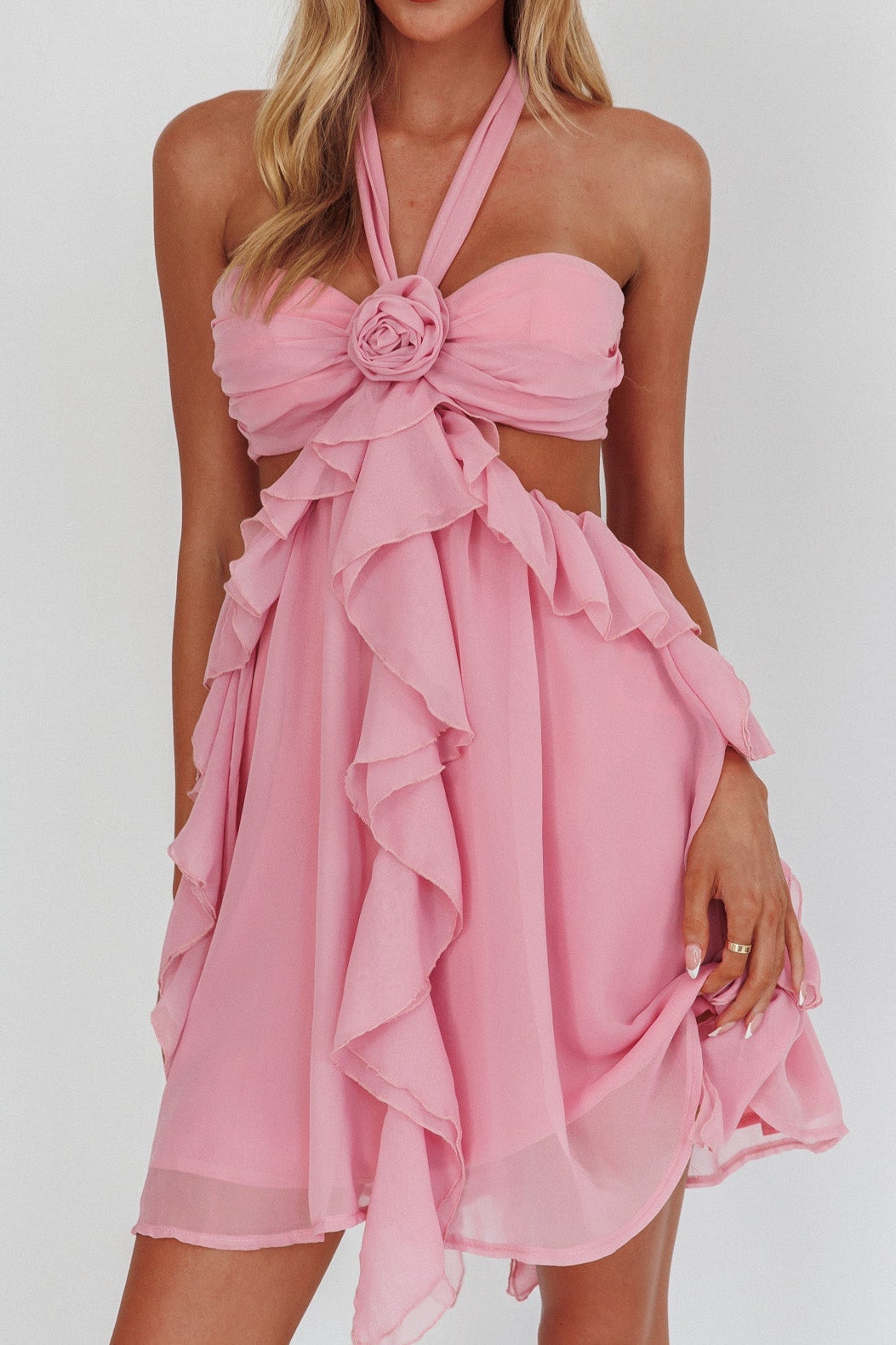 Pink Halter Ruffled Mini Dress