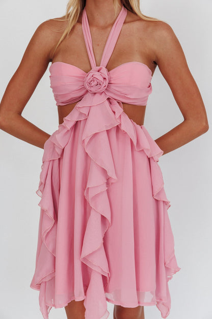 Pink Halter Ruffled Mini Dress