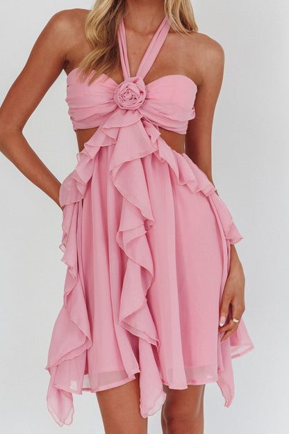 Pink Halter Ruffled Mini Dress
