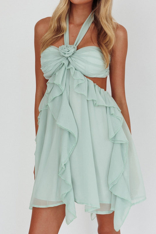 Mint Green Halter Ruffled Mini Dress