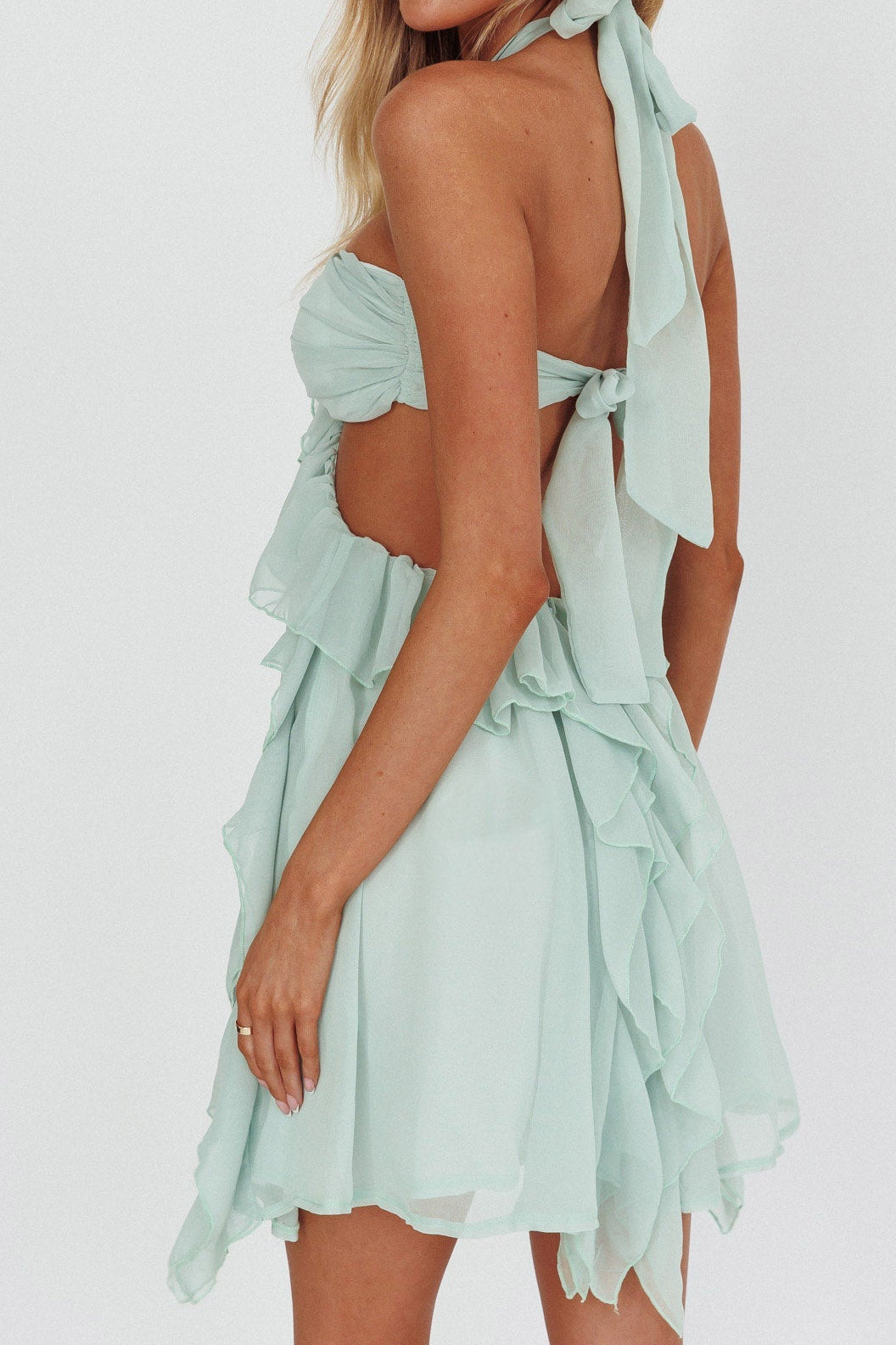Mint Green Halter Ruffled Mini Dress