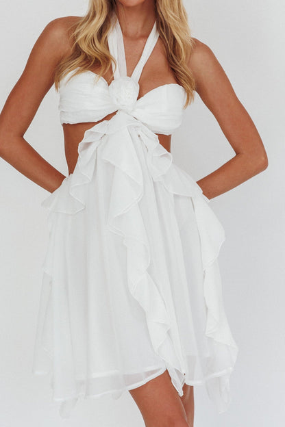 White Halter Ruffled Mini Dress