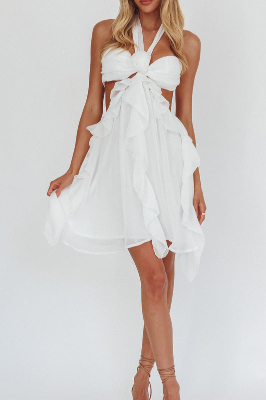 White Halter Ruffled Mini Dress