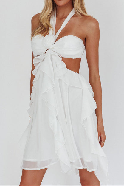 White Halter Ruffled Mini Dress