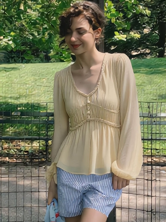 Sophia Daily V-Neck Puff Sleeve Chiffon Top