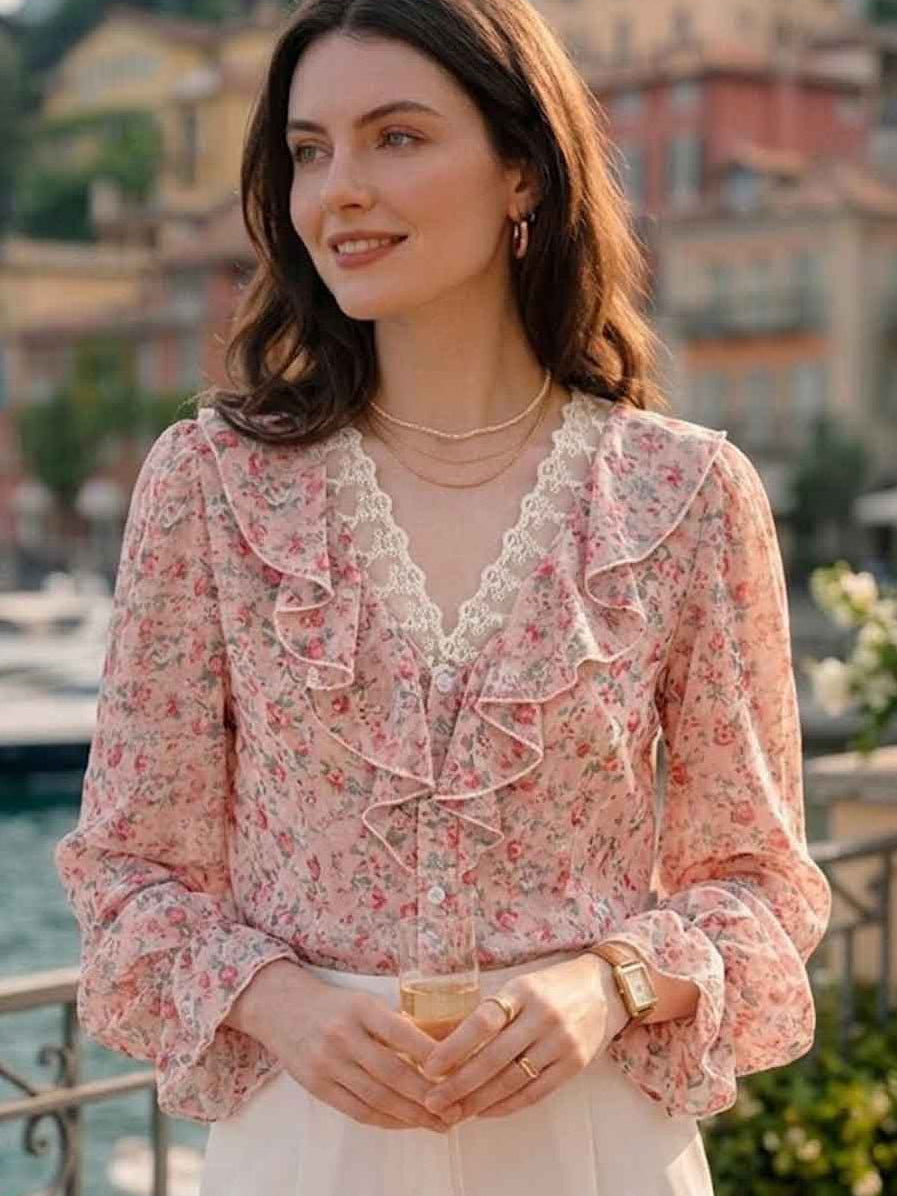 Lillian Loose V-Neck Ruffle Trim Chiffon Top