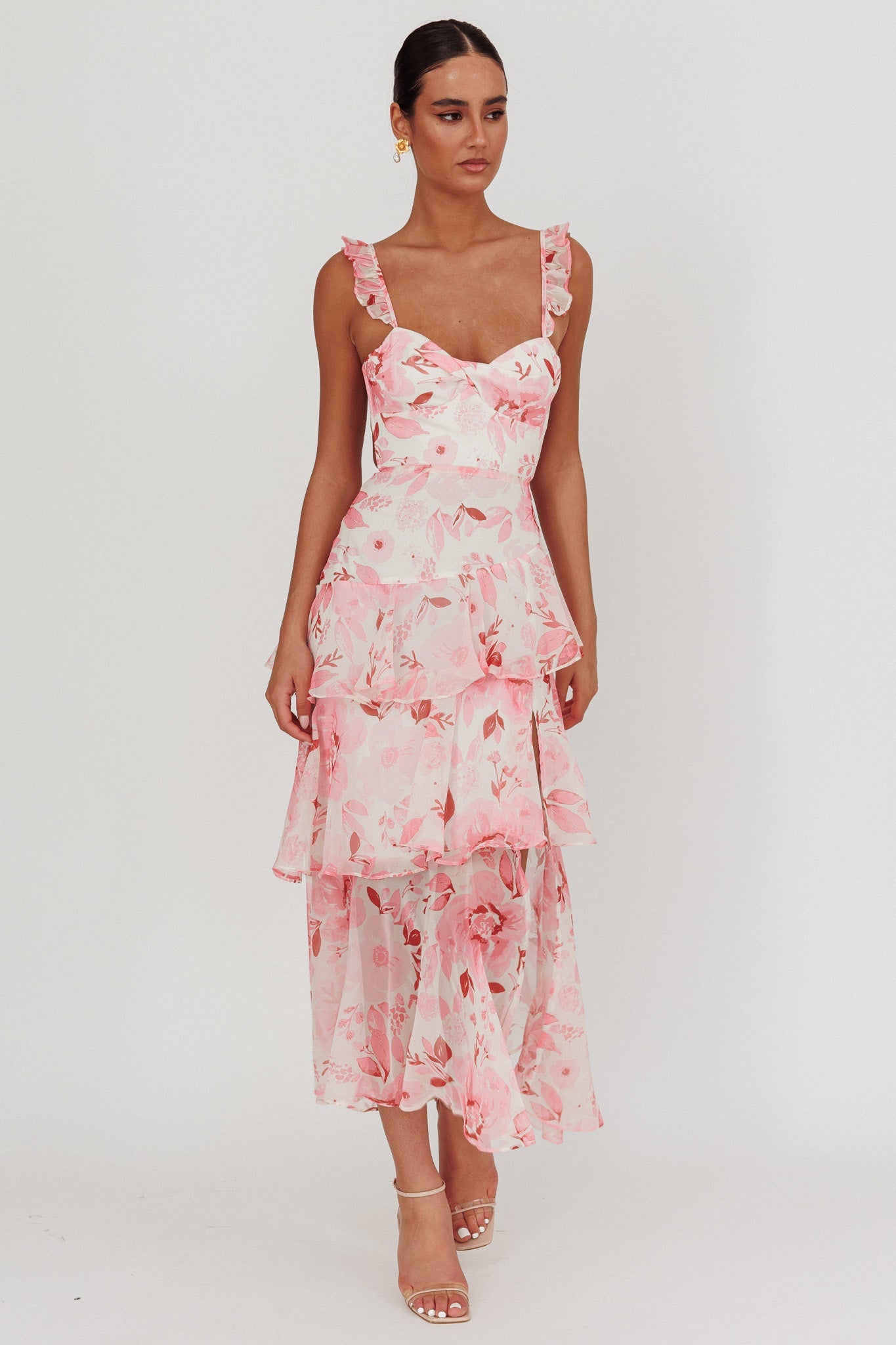 Blush Veda floral print top & Tiered Ruffle Maxi Skirt set