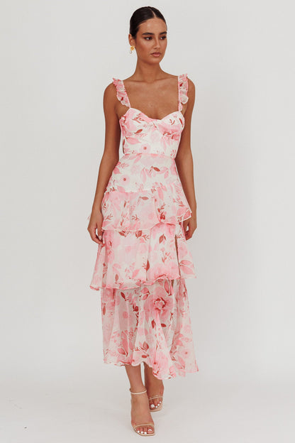 Blush Veda floral print top & Tiered Ruffle Maxi Skirt set
