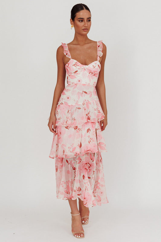 Blush Veda floral print top & Tiered Ruffle Maxi Skirt set