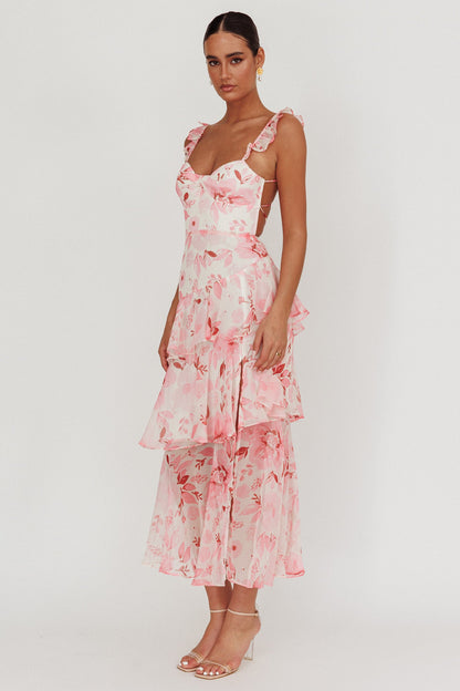 Blush Veda floral print top & Tiered Ruffle Maxi Skirt set