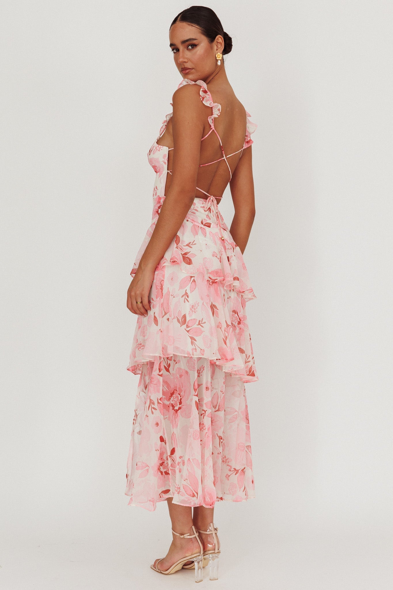 Blush Veda floral print top & Tiered Ruffle Maxi Skirt set