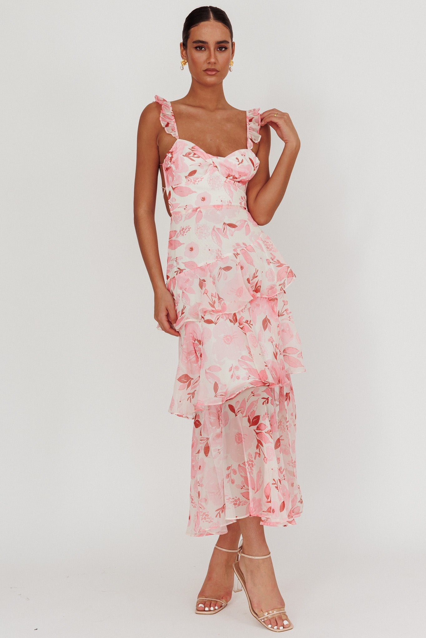 Blush Veda floral print top & Tiered Ruffle Maxi Skirt set