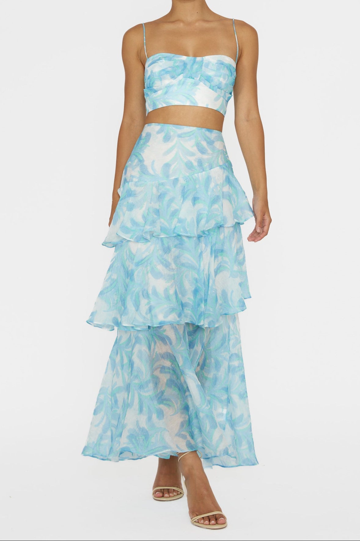 blue Veda floral print top & Tiered Ruffle Maxi Skirt set
