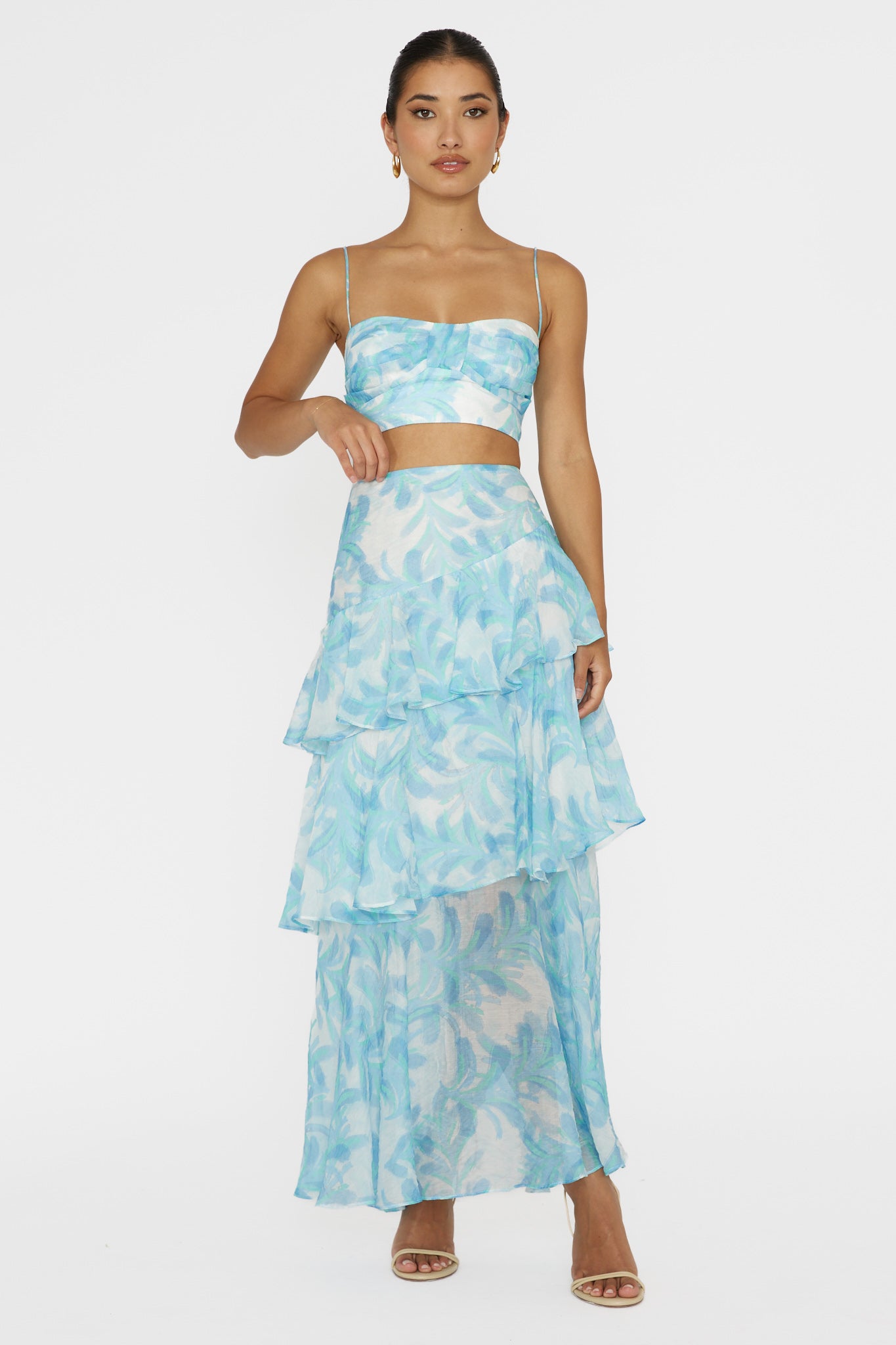 blue Veda floral print top & Tiered Ruffle Maxi Skirt set
