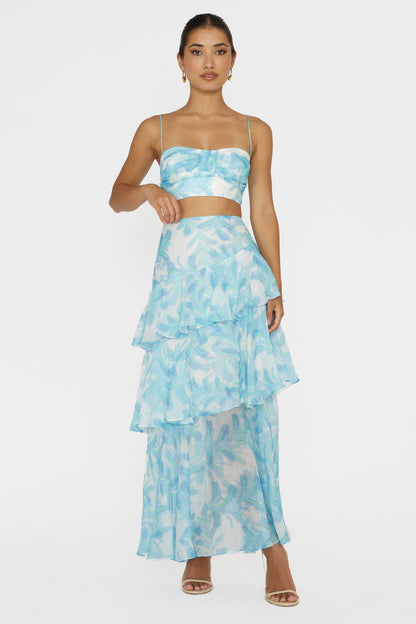 blue Veda floral print top & Tiered Ruffle Maxi Skirt set