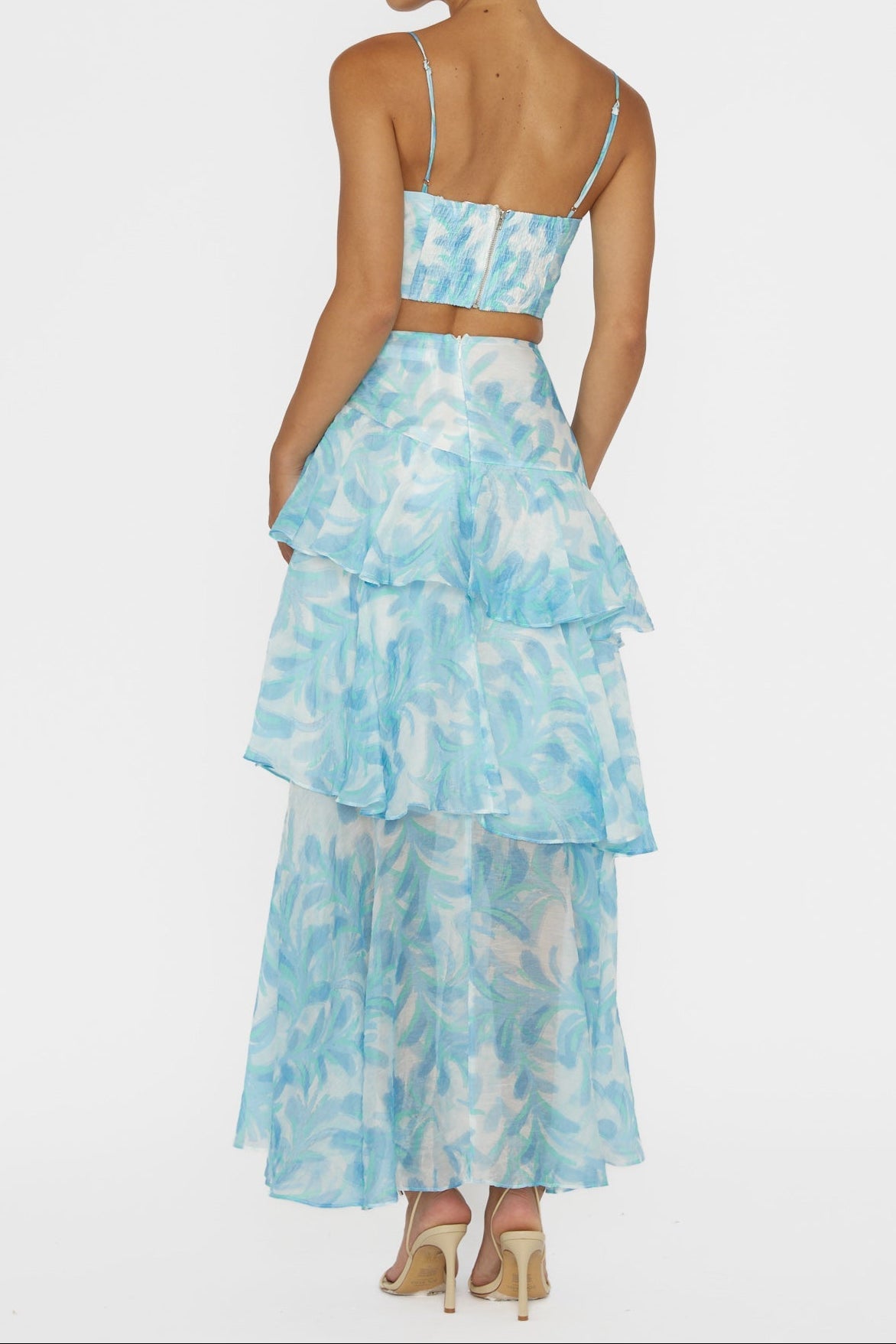 blue Veda floral print top & Tiered Ruffle Maxi Skirt set