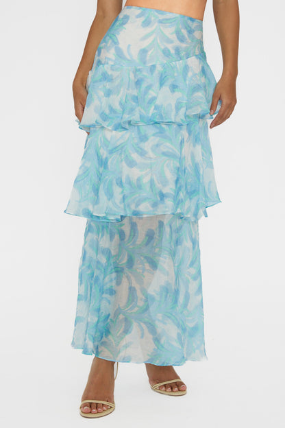 blue Veda floral print top & Tiered Ruffle Maxi Skirt set
