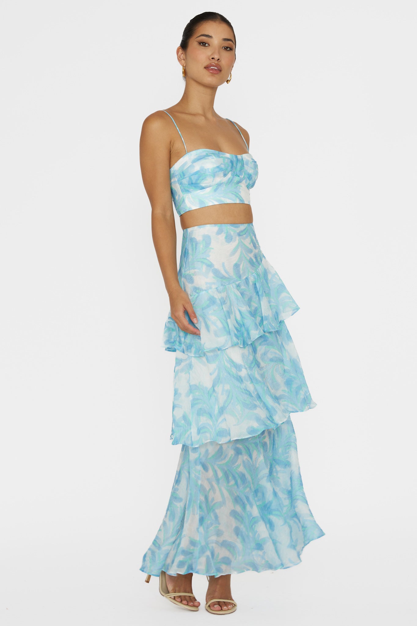 blue Veda floral print top & Tiered Ruffle Maxi Skirt set