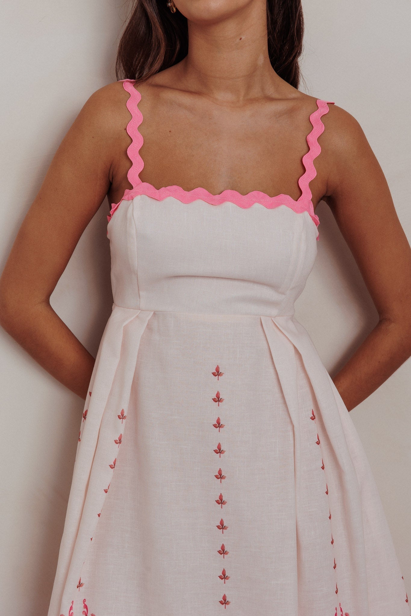 Blush Floral Print Back Tie-Up Midi Dress with Trim Band