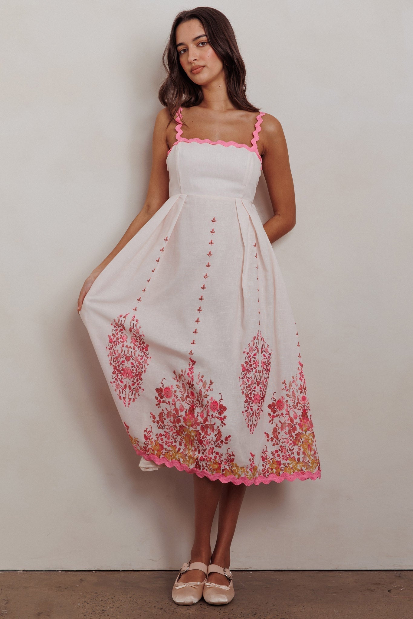 Blush Floral Print Back Tie-Up Midi Dress with Trim Band