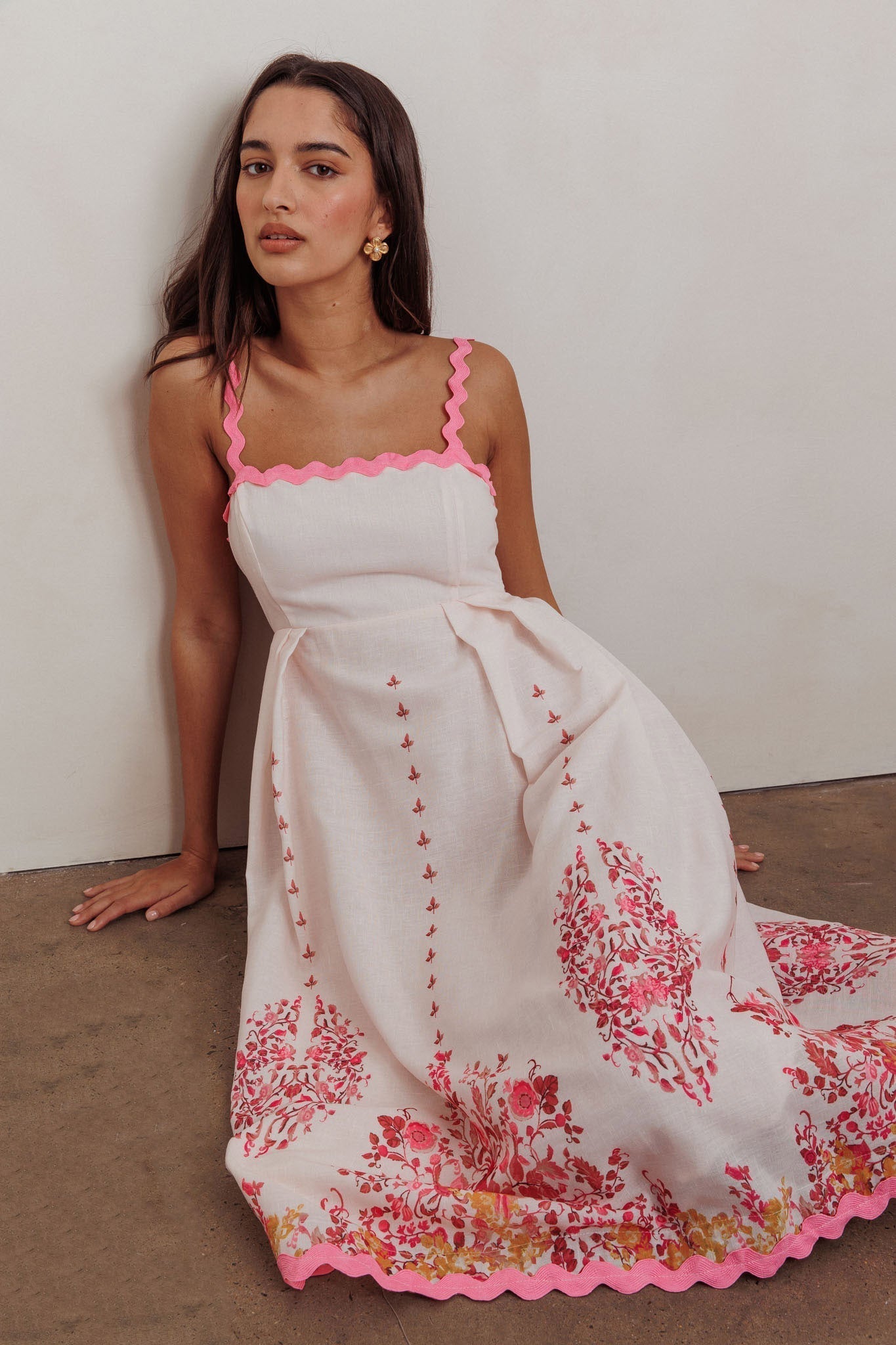 Blush Floral Print Back Tie-Up Midi Dress with Trim Band