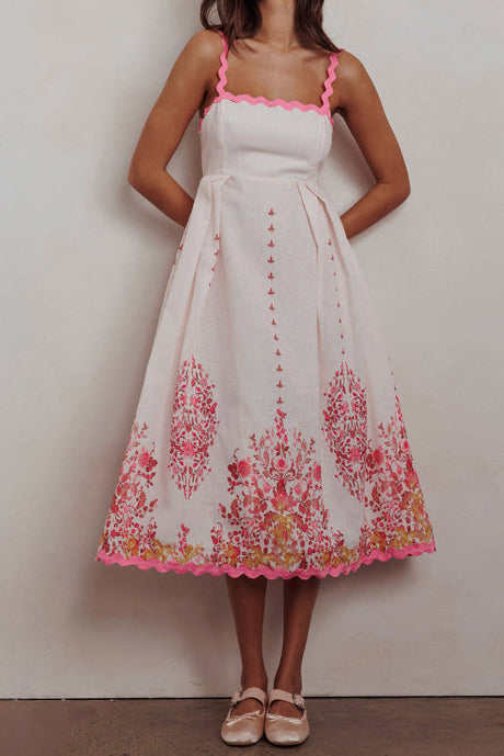 Blush Floral Print Back Tie-Up Midi Dress with Trim Band