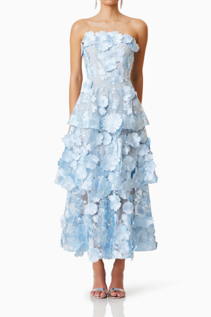 Selene floral embroidery Tiered Maxi Dress In Blue