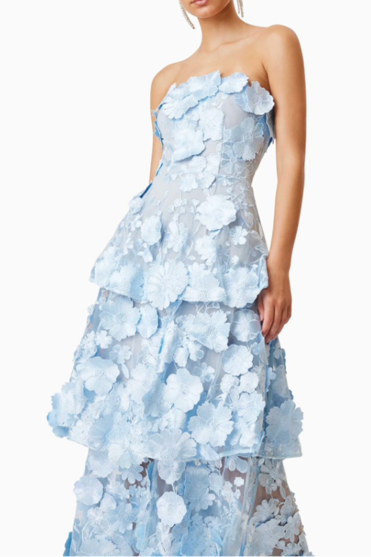 Selene floral embroidery Tiered Maxi Dress In Blue