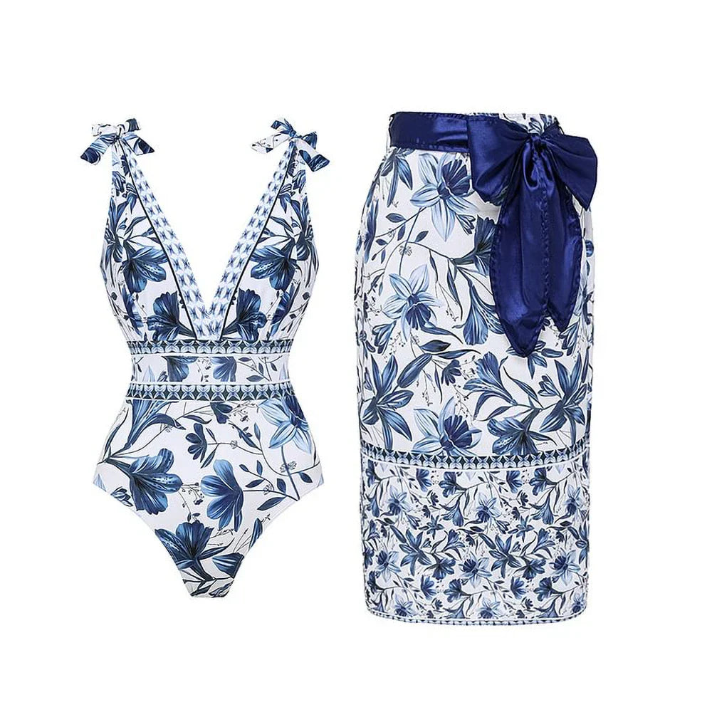 V-Neck Lace Patterned Printed One-Piece Swimsuit and Skirt