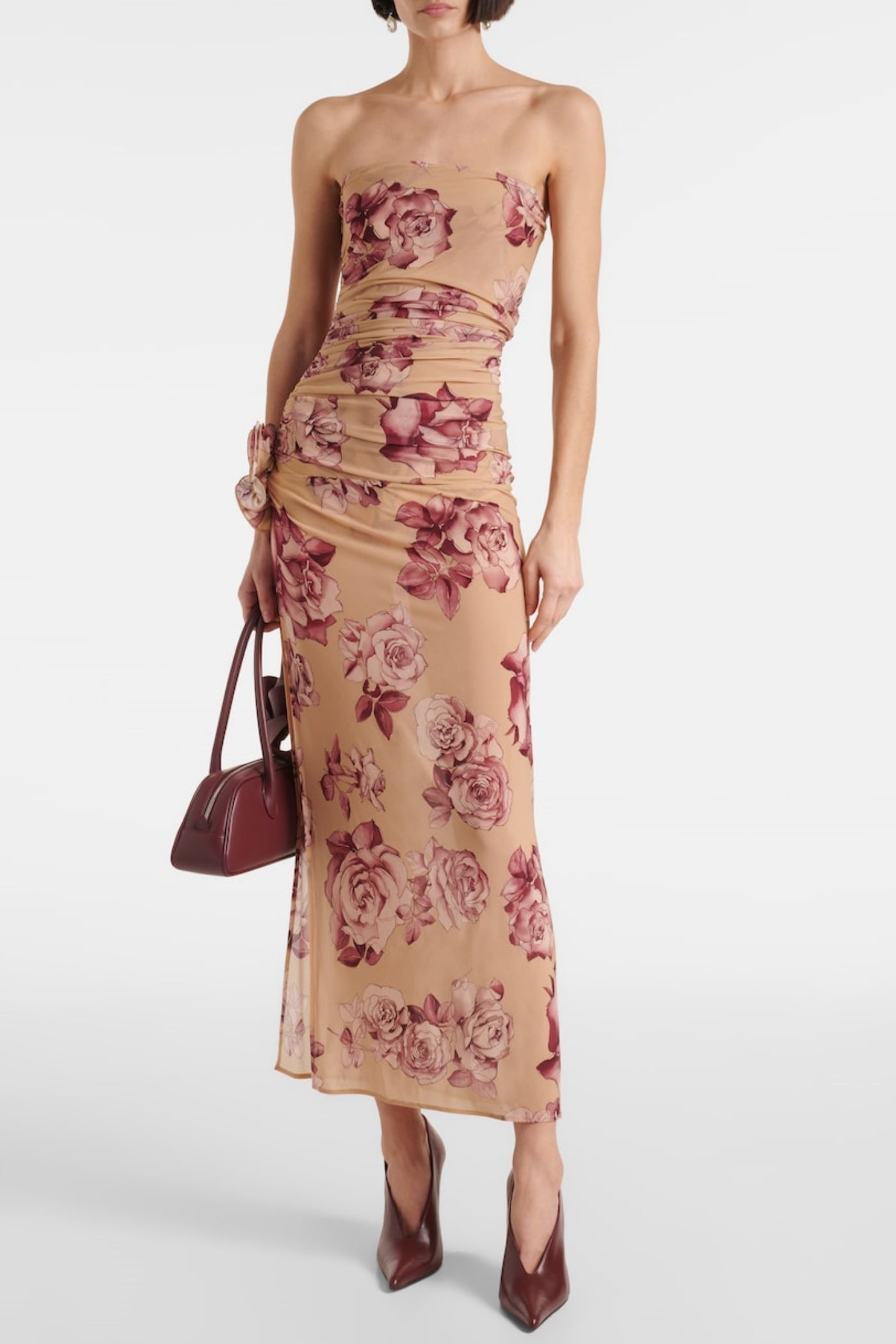 Floral Strapless Ruched Midi Dress