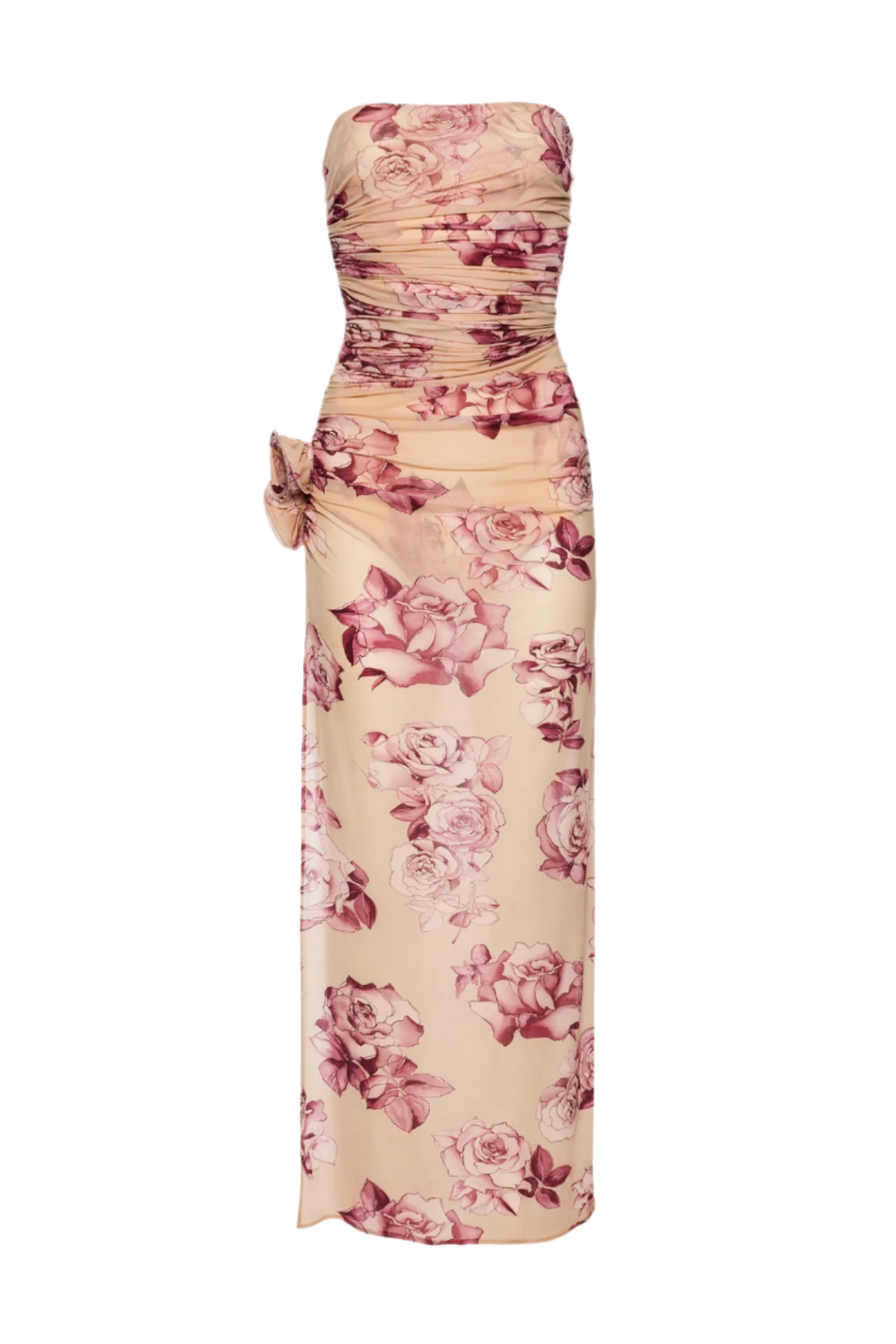 Floral Strapless Ruched Midi Dress