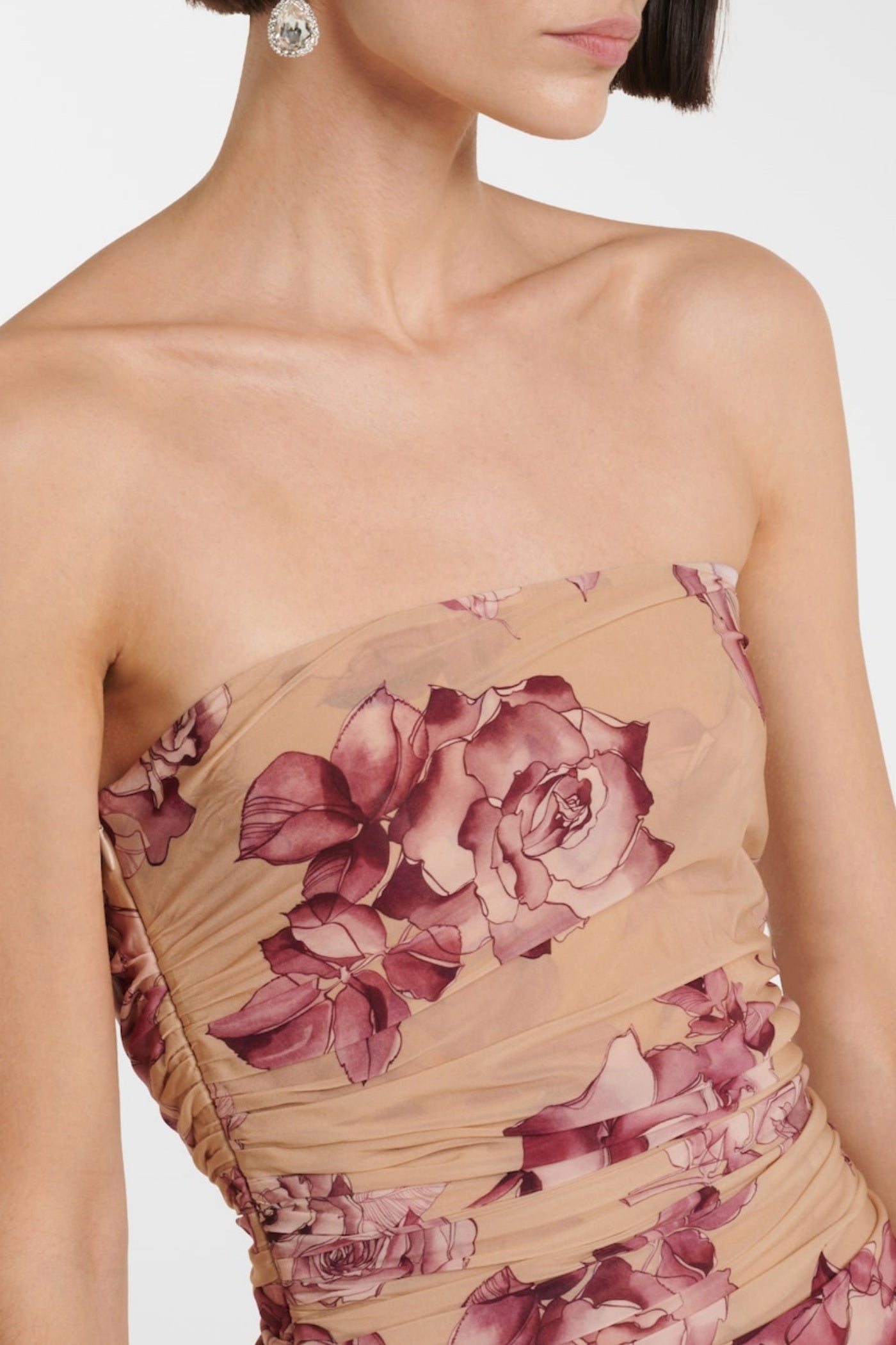 Floral Strapless Ruched Midi Dress