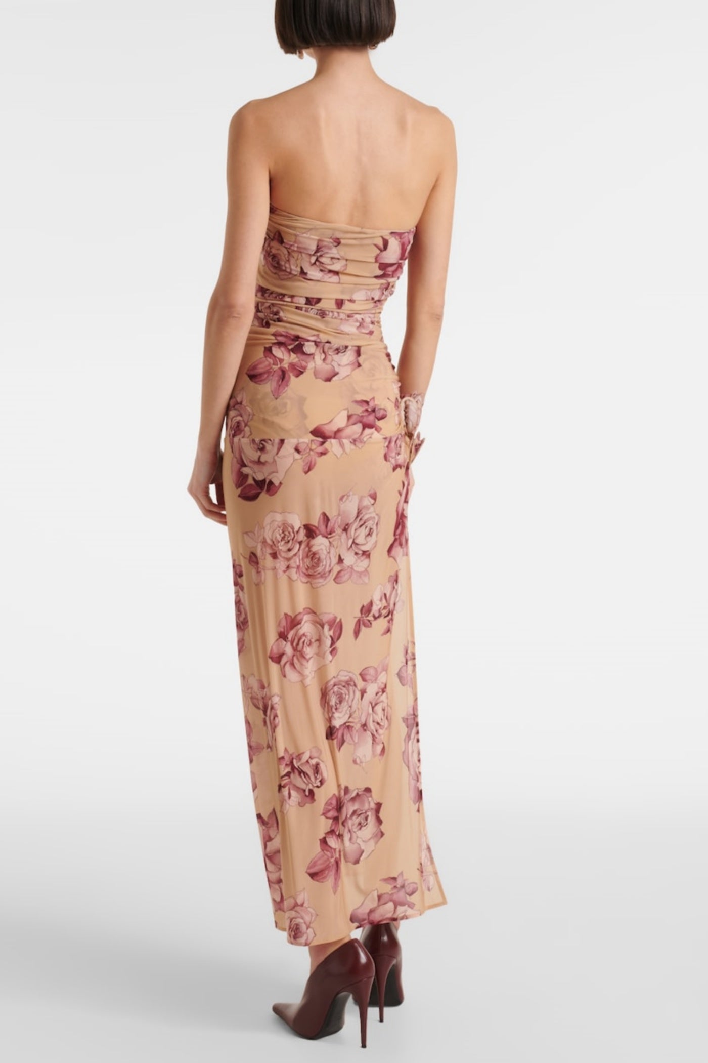 Floral Strapless Ruched Midi Dress