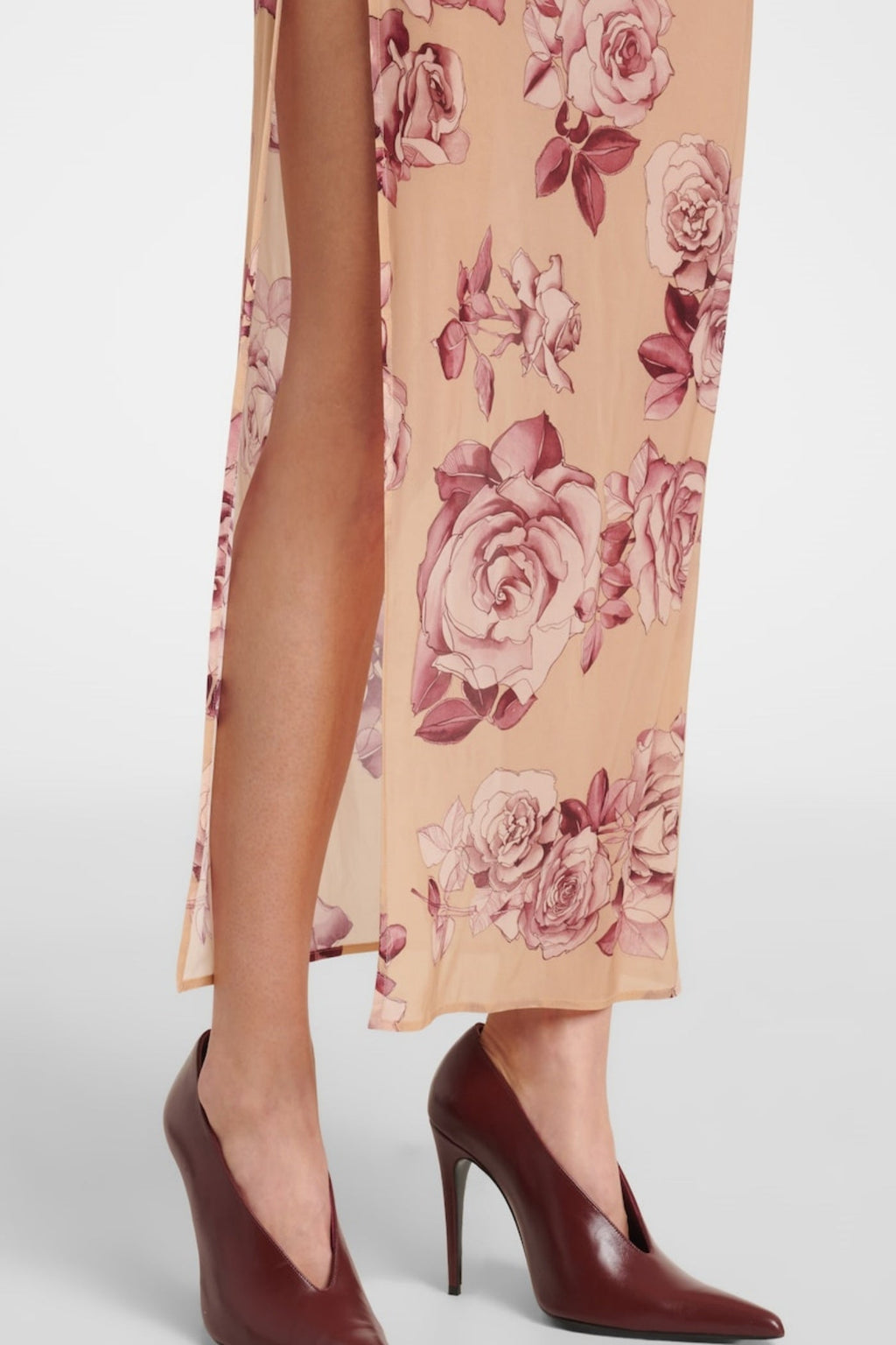Abito midi floreale senza spalline con volant