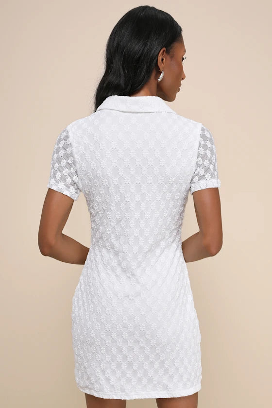 Truly Pristine White Mesh Floral Ruched Button-Up Mini Dress