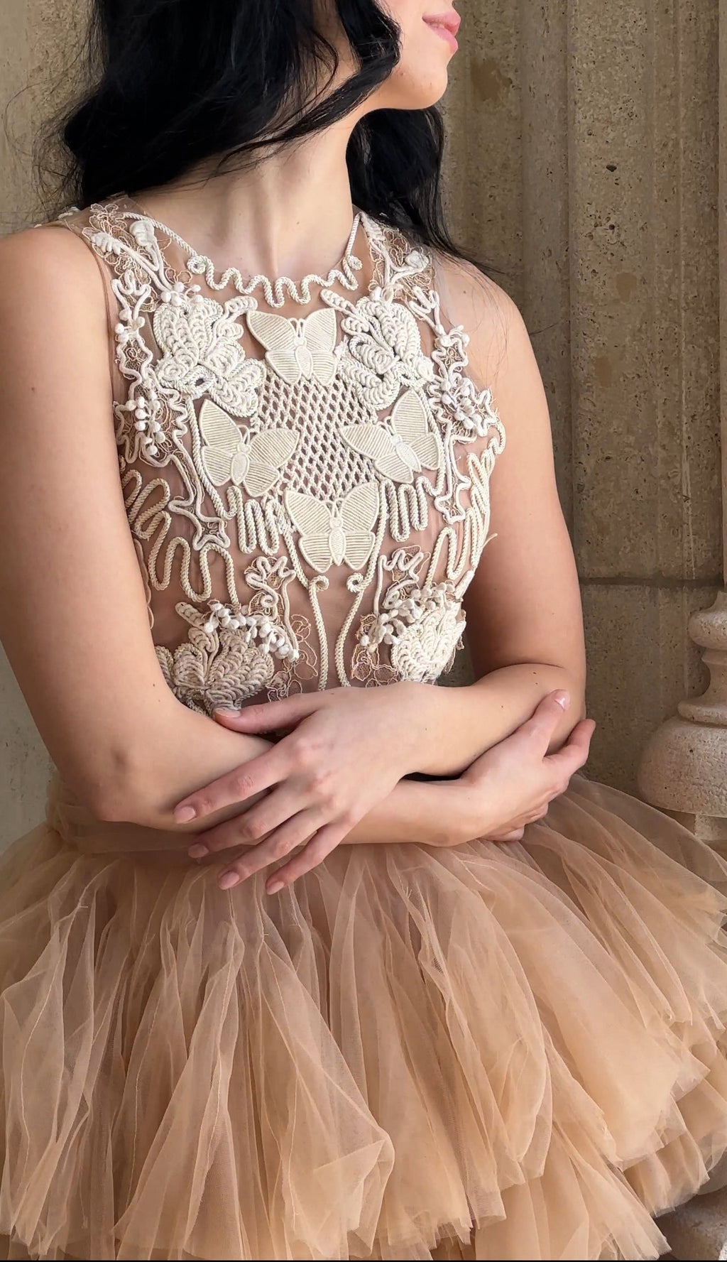 Ballerina |  Beige Tulle Mini Dress with 3D Applique
