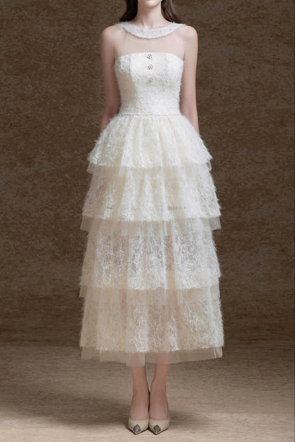 alison mesh stitching layer dress in white