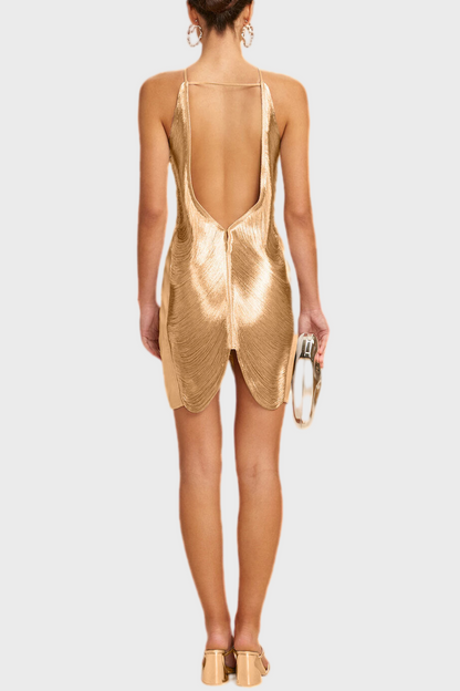 Veroty Gold Fringe Mini Dress - Halter Party Dress