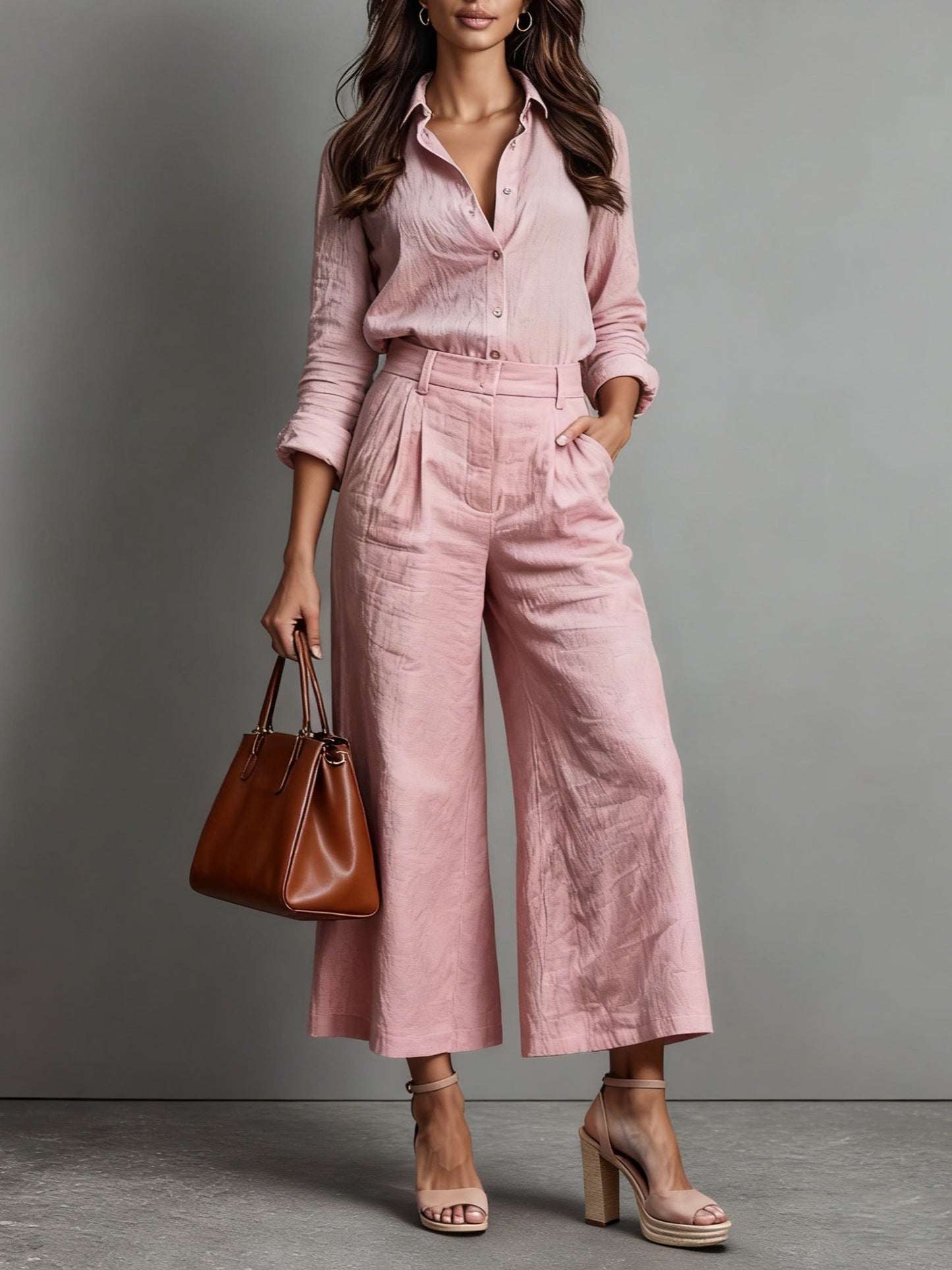 Textured Shirt & Pleated Culotte Two-Piece Set