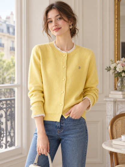 Loose-fit Lace-trim Knit Cardigan