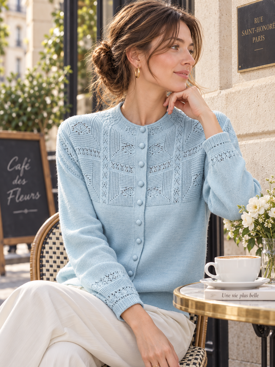 Openwork Crochet Mock-neck Knit Cardigan
