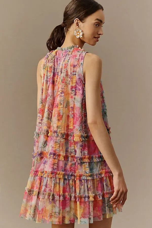 Orange Red Sleeveless printed mesh mini  dress with tiered ruffle panels