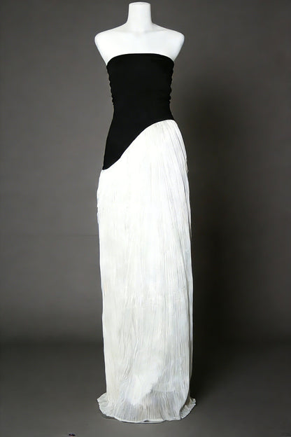 Black white contrast tube top irregular maxi dress