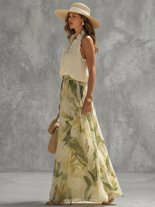 High Waisted Wide Leg Contrast Color Elasticity Flower Print Pants Trousers